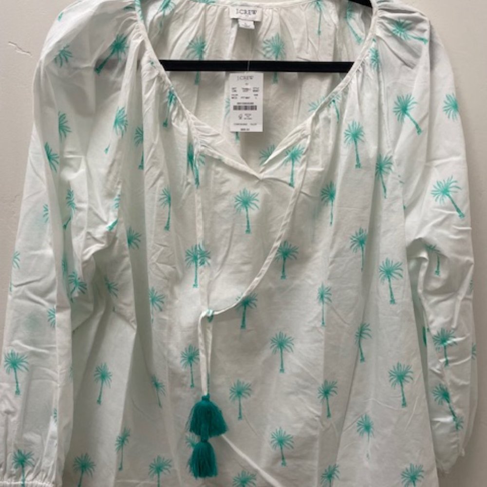 J. CREW  blouse white w/ green palm tree size L NWT